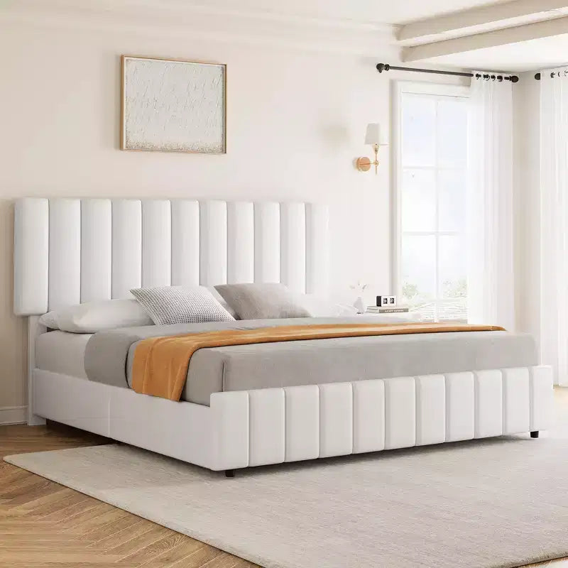 Linen Upholstered Bed Frame with 4 Storage Drawers, Adjustable Headboard, Sturdy Wooden Slats, No Box Spring Required