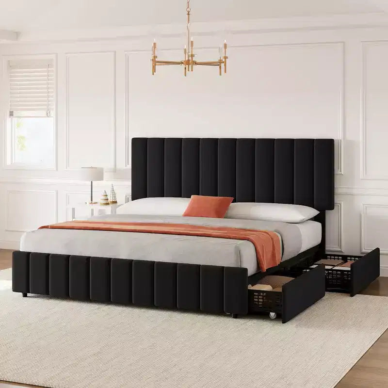 Linen Upholstered Bed Frame with 4 Storage Drawers, Adjustable Headboard, Sturdy Wooden Slats, No Box Spring Required