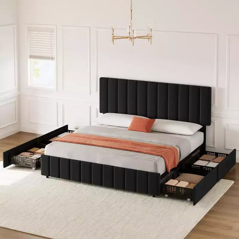 Linen Upholstered Bed Frame with 4 Storage Drawers, Adjustable Headboard, Sturdy Wooden Slats, No Box Spring Required