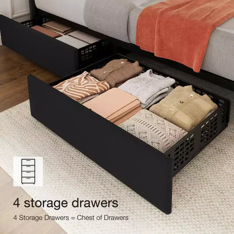 Linen Upholstered Bed Frame with 4 Storage Drawers, Adjustable Headboard, Sturdy Wooden Slats, No Box Spring Required