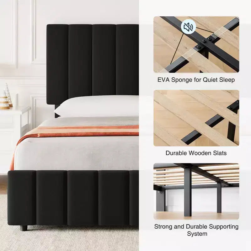 Linen Upholstered Bed Frame with 4 Storage Drawers, Adjustable Headboard, Sturdy Wooden Slats, No Box Spring Required