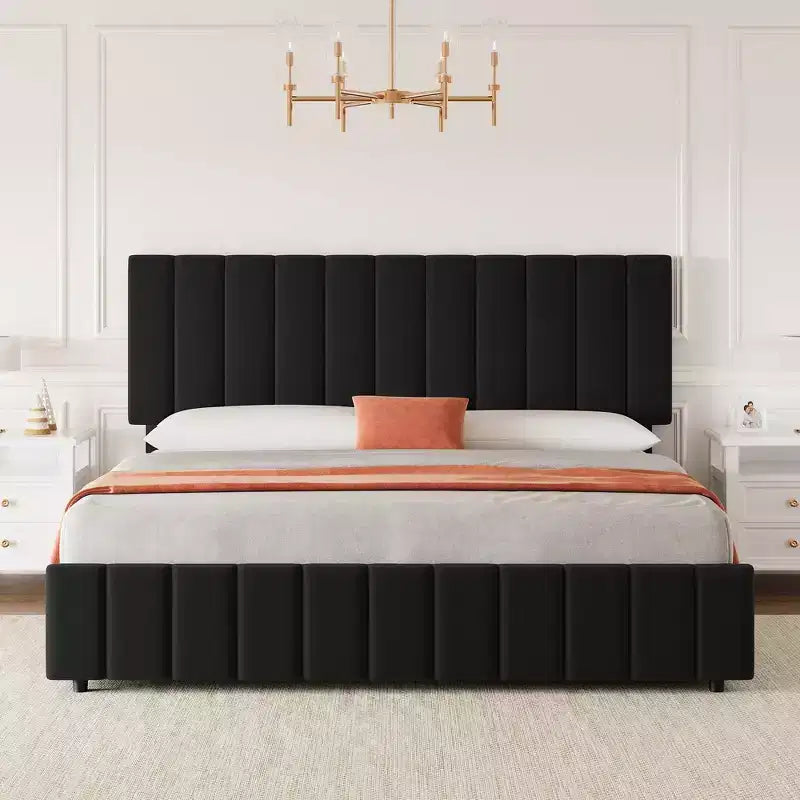 Linen Upholstered Bed Frame with 4 Storage Drawers, Adjustable Headboard, Sturdy Wooden Slats, No Box Spring Required