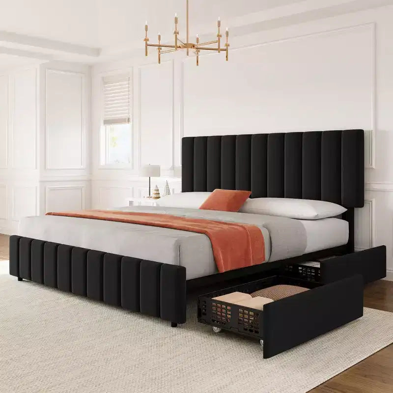 Linen Upholstered Bed Frame with 4 Storage Drawers, Adjustable Headboard, Sturdy Wooden Slats, No Box Spring Required