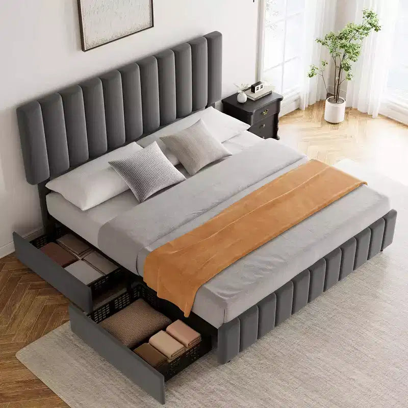 Linen Upholstered Bed Frame with 4 Storage Drawers, Adjustable Headboard, Sturdy Wooden Slats, No Box Spring Required