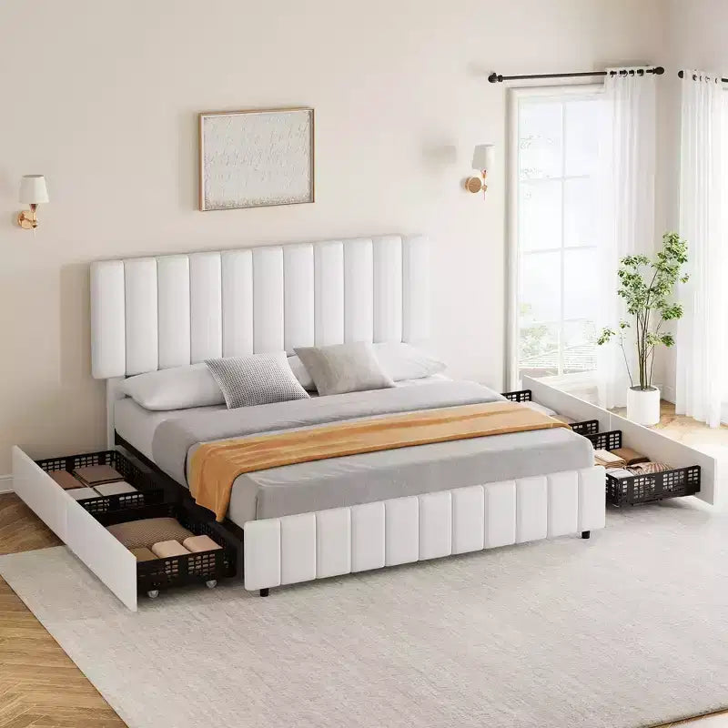 Linen Upholstered Bed Frame with 4 Storage Drawers, Adjustable Headboard, Sturdy Wooden Slats, No Box Spring Required