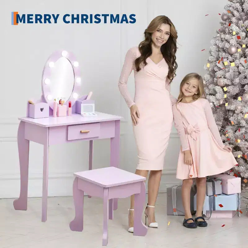 Kids' Vanity Set with Mirror and Light, Makeup Table and Stool for Girls, Vanity Table and Chair Set with Wood Makeup Playset for 4-9 Girls