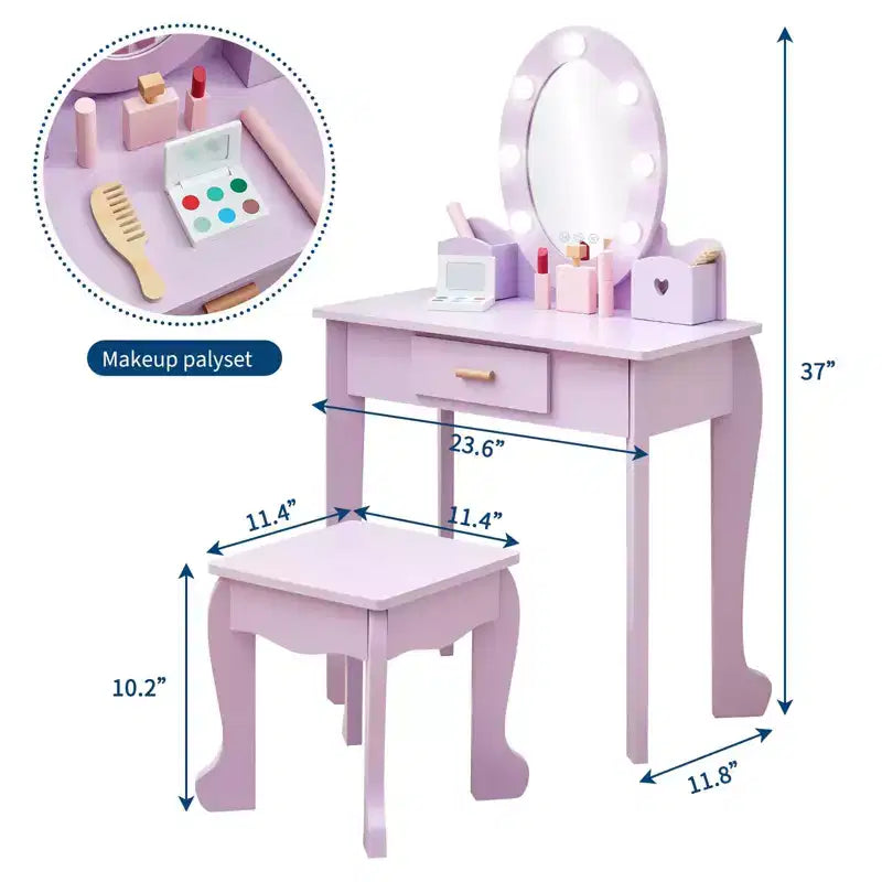 Kids' Vanity Set with Mirror and Light, Makeup Table and Stool for Girls, Vanity Table and Chair Set with Wood Makeup Playset for 4-9 Girls