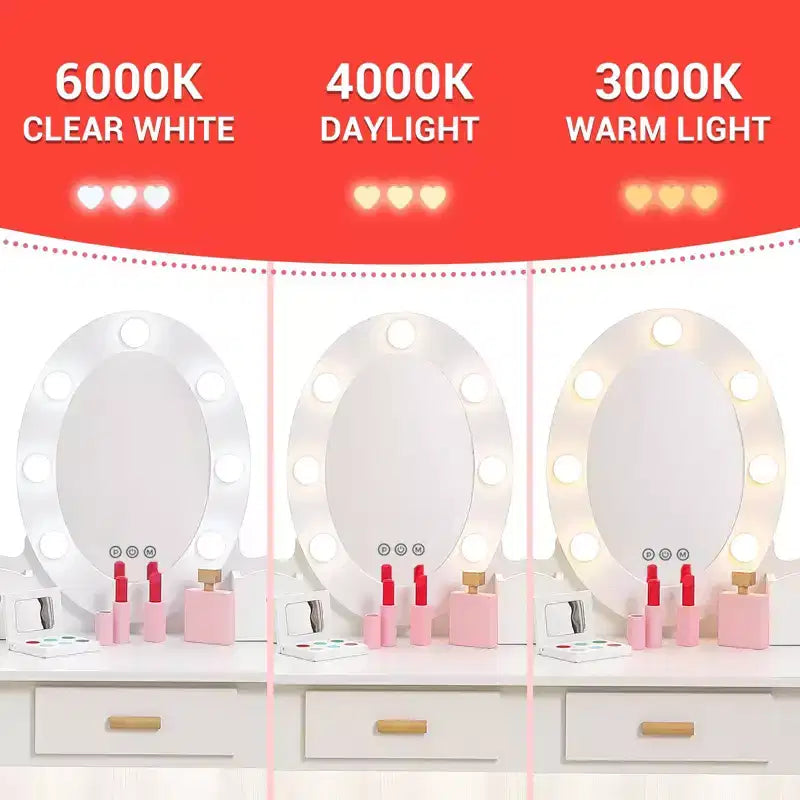 Kids' Vanity Set with Mirror and Light, Makeup Table and Stool for Girls, Vanity Table and Chair Set with Wood Makeup Playset for 4-9 Girls