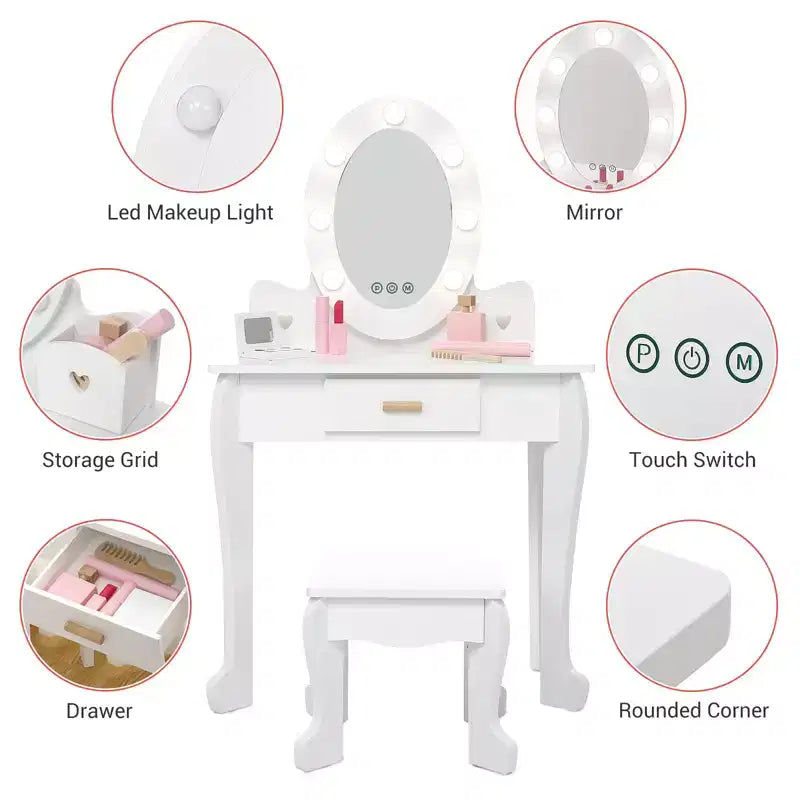 Kids' Vanity Set with Mirror and Light, Makeup Table and Stool for Girls, Vanity Table and Chair Set with Wood Makeup Playset for 4-9 Girls