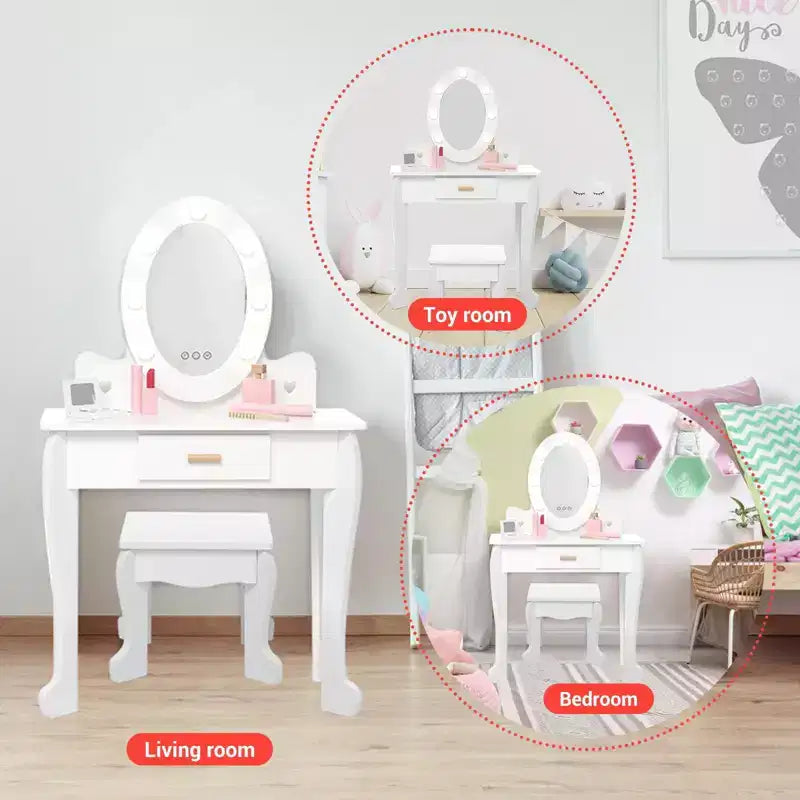 Kids' Vanity Set with Mirror and Light, Makeup Table and Stool for Girls, Vanity Table and Chair Set with Wood Makeup Playset for 4-9 Girls
