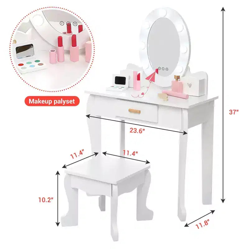 Kids' Vanity Set with Mirror and Light, Makeup Table and Stool for Girls, Vanity Table and Chair Set with Wood Makeup Playset for 4-9 Girls