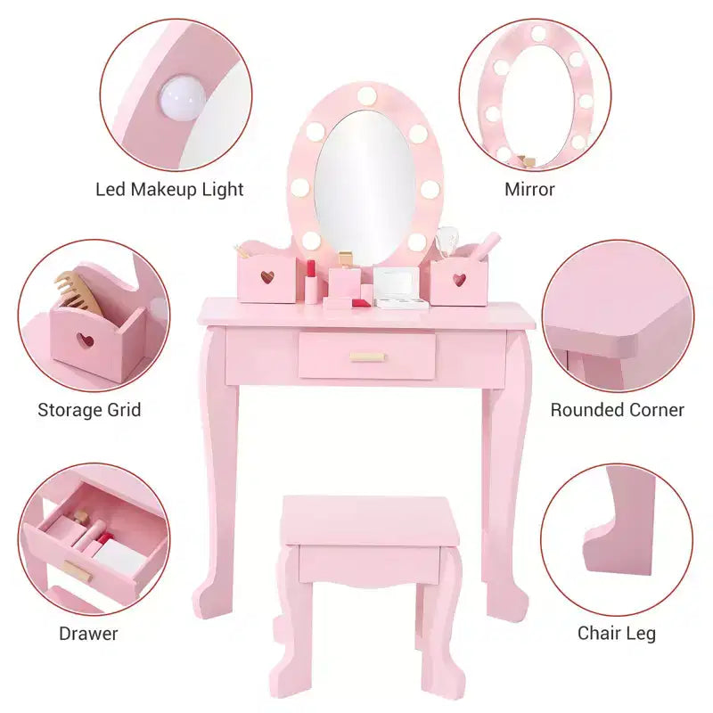 Kids' Vanity Set with Mirror and Light, Makeup Table and Stool for Girls, Vanity Table and Chair Set with Wood Makeup Playset for 4-9 Girls