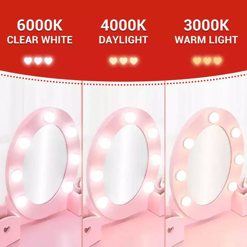Kids' Vanity Set with Mirror and Light, Makeup Table and Stool for Girls, Vanity Table and Chair Set with Wood Makeup Playset for 4-9 Girls