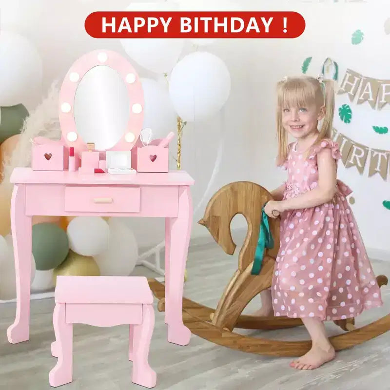 Kids' Vanity Set with Mirror and Light, Makeup Table and Stool for Girls, Vanity Table and Chair Set with Wood Makeup Playset for 4-9 Girls