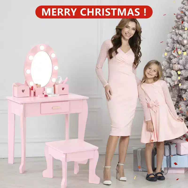 Kids' Vanity Set with Mirror and Light, Makeup Table and Stool for Girls, Vanity Table and Chair Set with Wood Makeup Playset for 4-9 Girls