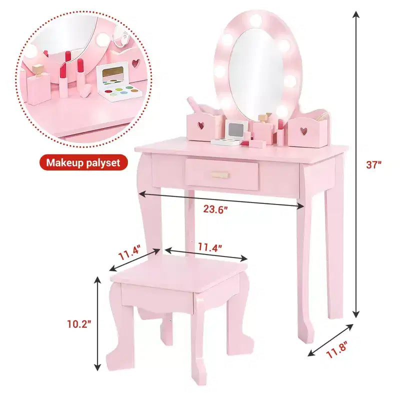Kids' Vanity Set with Mirror and Light, Makeup Table and Stool for Girls, Vanity Table and Chair Set with Wood Makeup Playset for 4-9 Girls