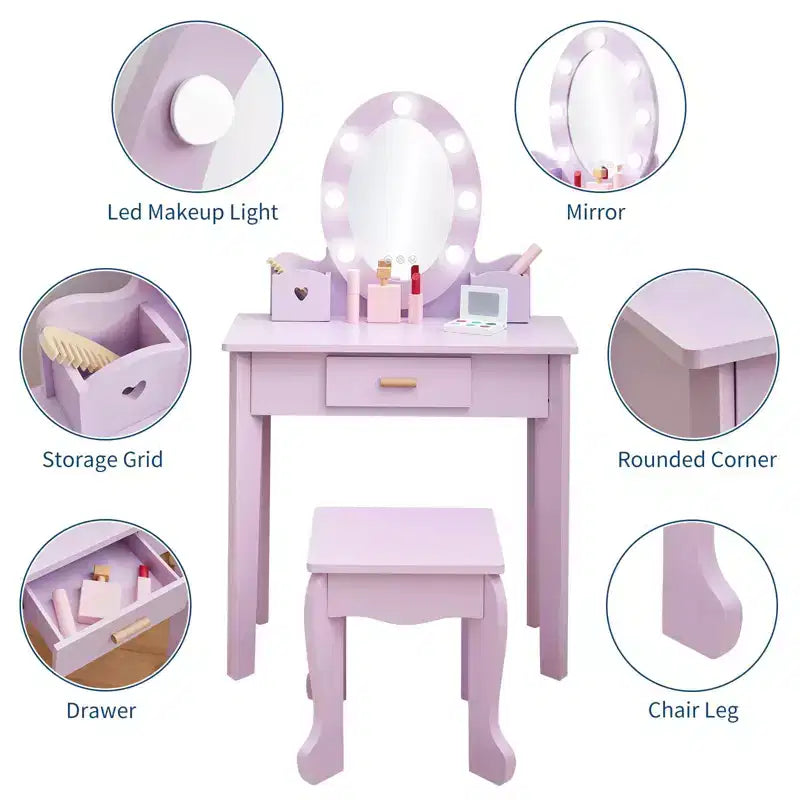 Kids' Vanity Set with Mirror and Light, Makeup Table and Stool for Girls, Vanity Table and Chair Set with Wood Makeup Playset for 4-9 Girls