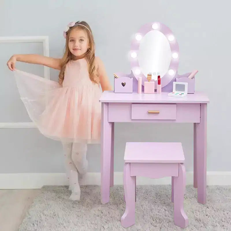 Kids' Vanity Set with Mirror and Light, Makeup Table and Stool for Girls, Vanity Table and Chair Set with Wood Makeup Playset for 4-9 Girls