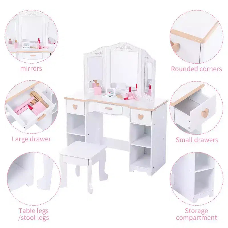Kids Vanity Set with Mirror and Drawer - Girls' Vanity Table and Chair Set with Wood Makeup Playset, Perfect for 3-9 Yr