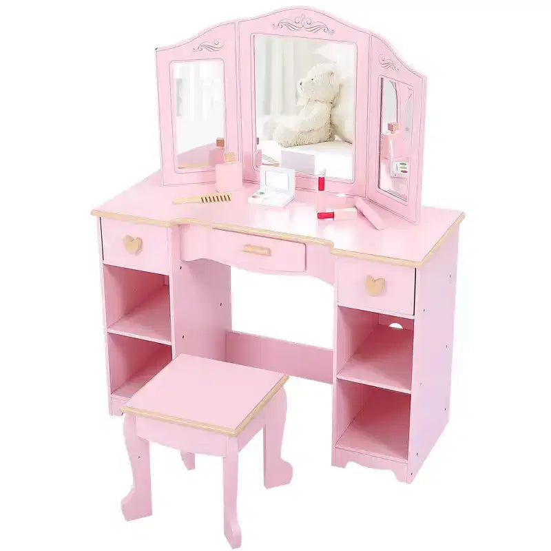 Kids Vanity Set with Mirror and Drawer - Girls' Vanity Table and Chair Set with Wood Makeup Playset, Perfect for 3-9 Yr