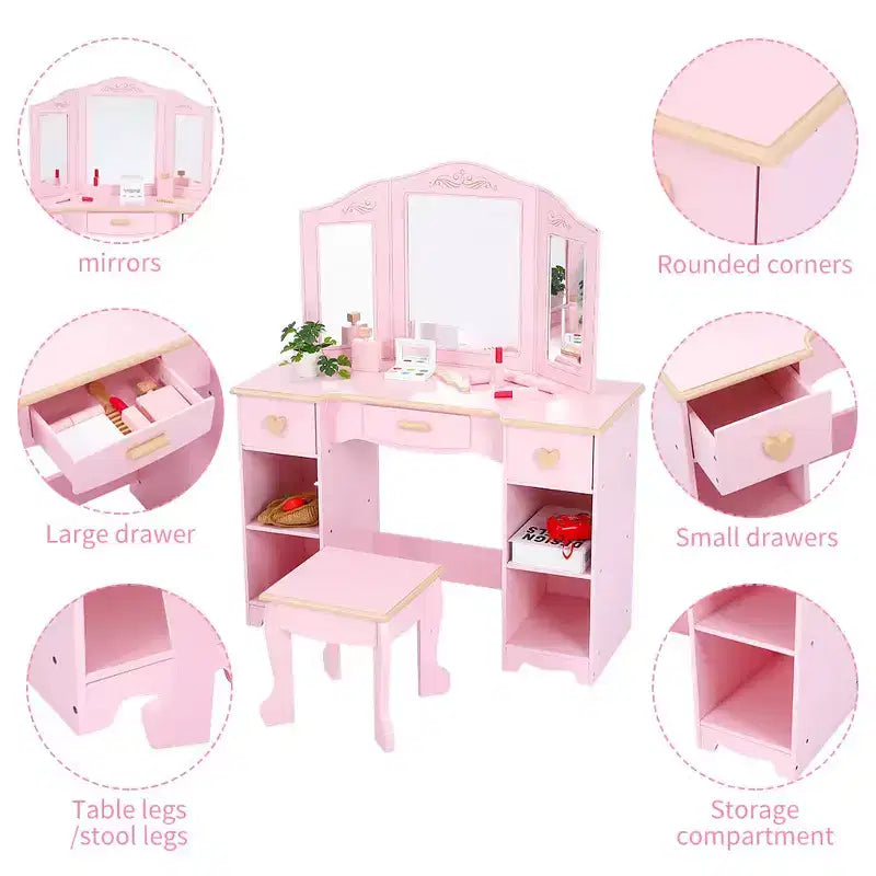 Kids Vanity Set with Mirror and Drawer - Girls' Vanity Table and Chair Set with Wood Makeup Playset, Perfect for 3-9 Yr