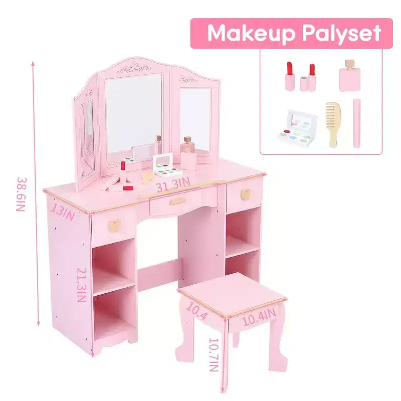 Kids Vanity Set with Mirror and Drawer - Girls' Vanity Table and Chair Set with Wood Makeup Playset, Perfect for 3-9 Yr