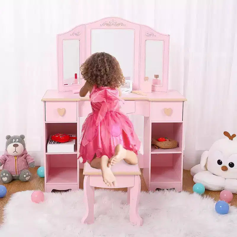 Kids Vanity Set with Mirror and Drawer - Girls' Vanity Table and Chair Set with Wood Makeup Playset, Perfect for 3-9 Yr