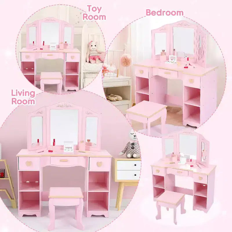 Kids Vanity Set with Mirror and Drawer - Girls' Vanity Table and Chair Set with Wood Makeup Playset, Perfect for 3-9 Yr