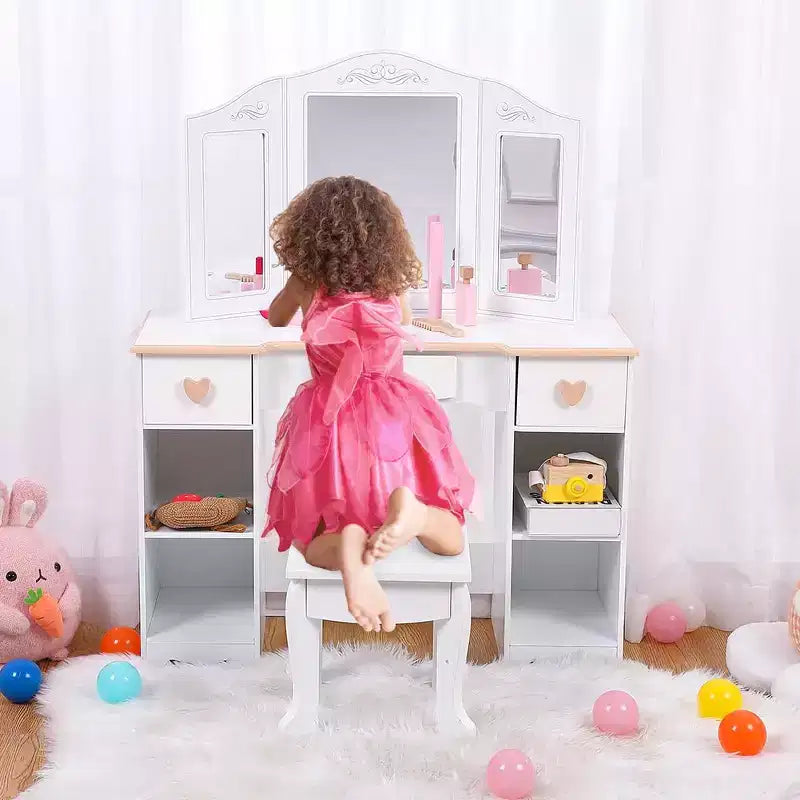 Kids Vanity Set with Mirror and Drawer - Girls' Vanity Table and Chair Set with Wood Makeup Playset, Perfect for 3-9 Yr