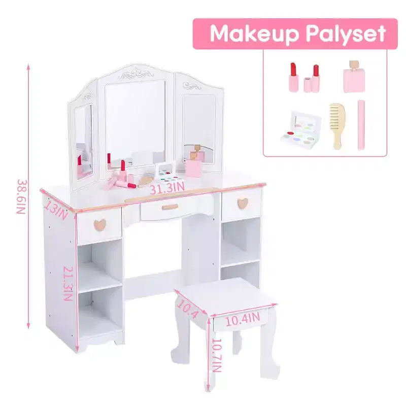 Kids Vanity Set with Mirror and Drawer - Girls' Vanity Table and Chair Set with Wood Makeup Playset, Perfect for 3-9 Yr