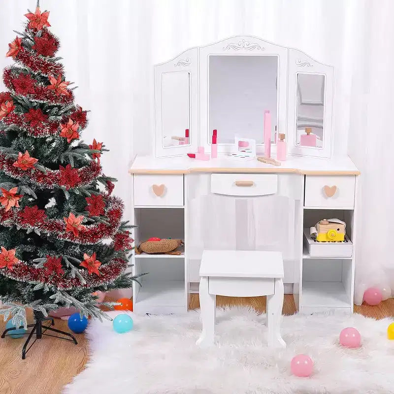 Kids Vanity Set with Mirror and Drawer - Girls' Vanity Table and Chair Set with Wood Makeup Playset, Perfect for 3-9 Yr