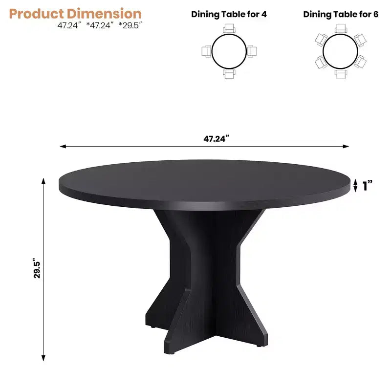 47 Round Dining Table for Small Spaces - Black, Seats 4-6, K-Leg Solid Wood Base