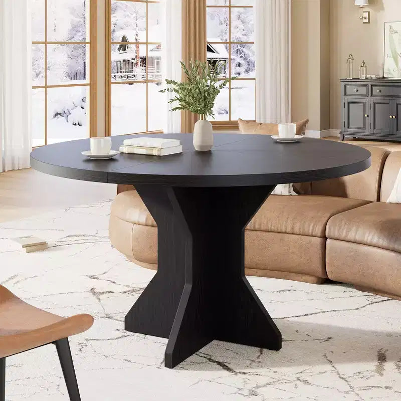 47 Round Dining Table for Small Spaces - Black, Seats 4-6, K-Leg Solid Wood Base