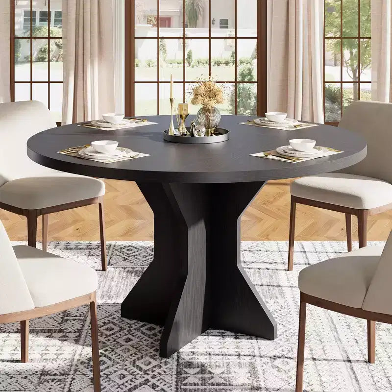 47 Round Dining Table for Small Spaces - Black, Seats 4-6, K-Leg Solid Wood Base
