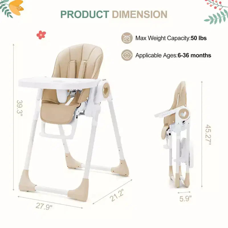 GustoWave Baby High Chair for Toddlers 1-4 Years Old,Foldable Baby High Chair with Removable Tray, Lightweight Folding Chair