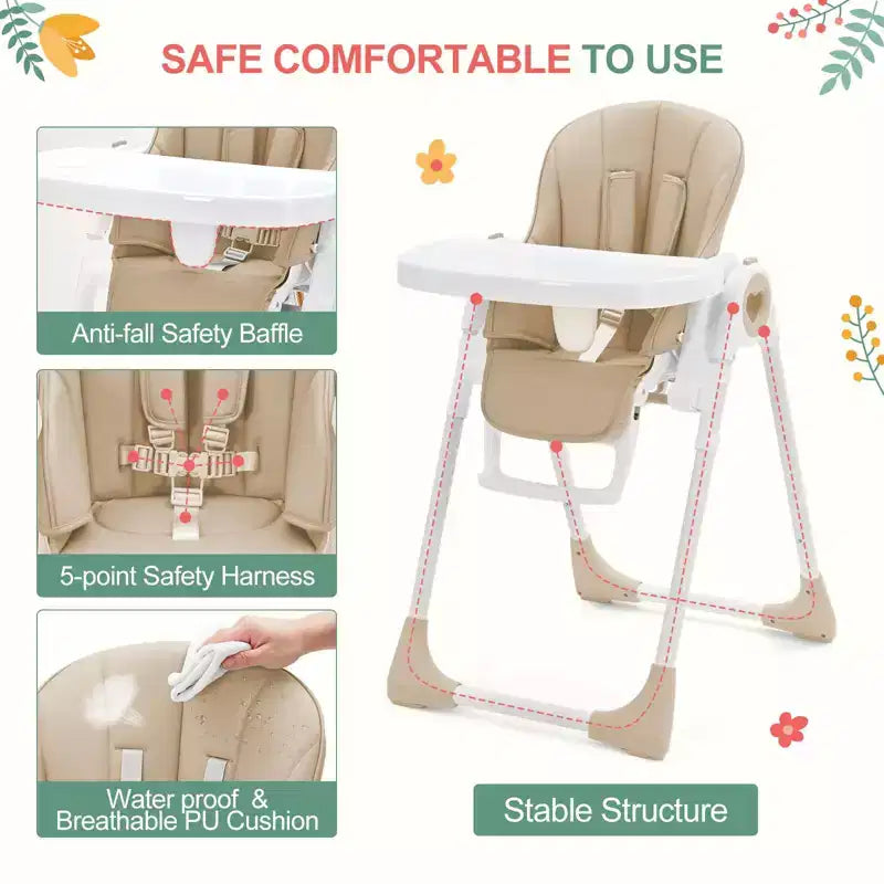 GustoWave Baby High Chair for Toddlers 1-4 Years Old,Foldable Baby High Chair with Removable Tray, Lightweight Folding Chair