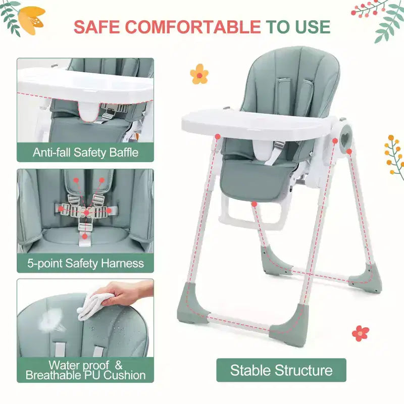 GustoWave Baby High Chair for Toddlers 1-4 Years Old,Foldable Baby High Chair with Removable Tray, Lightweight Folding Chair