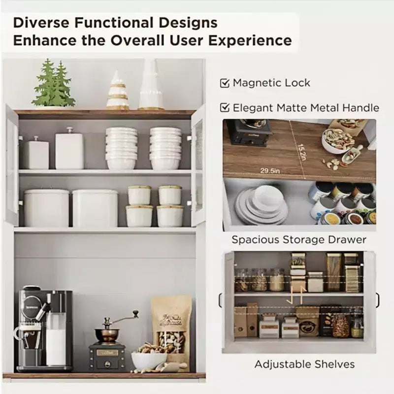GustoWave 71'' Kitchen Pantry Storage Cabinet with Glass Doors and Microwave Stand, Freestanding Tall Kitchen Cabinet for Dining Room