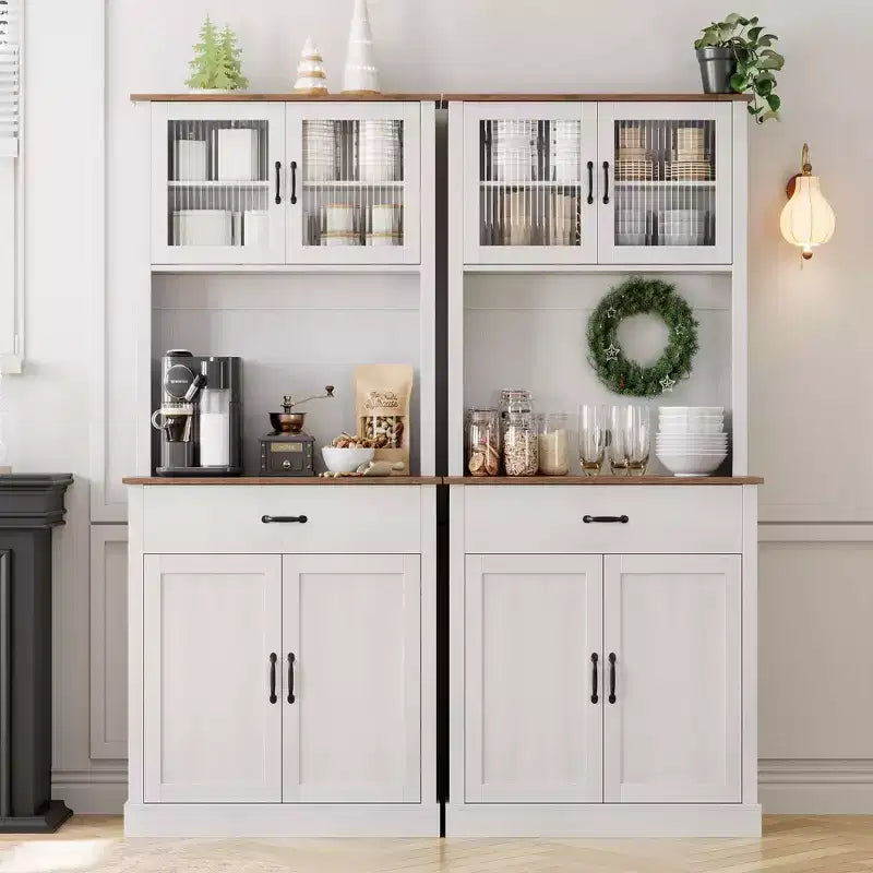 GustoWave 71'' Kitchen Pantry Storage Cabinet with Glass Doors and Microwave Stand, Freestanding Tall Kitchen Cabinet for Dining Room