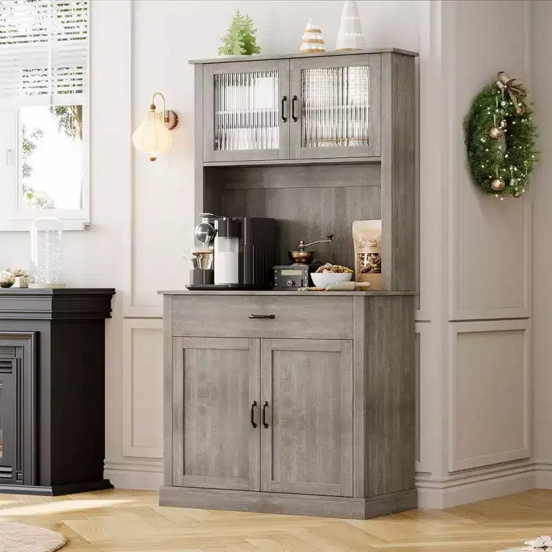 GustoWave 71'' Kitchen Pantry Storage Cabinet with Glass Doors and Microwave Stand, Freestanding Tall Kitchen Cabinet for Dining Room