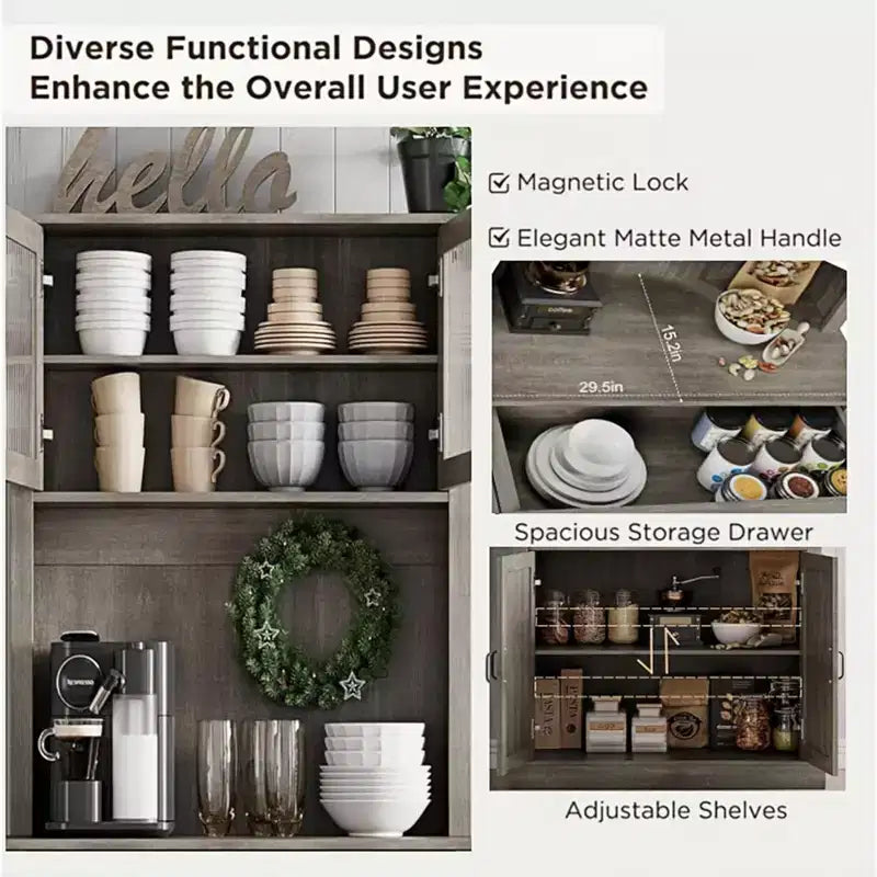 GustoWave 71'' Kitchen Pantry Storage Cabinet with Glass Doors and Microwave Stand, Freestanding Tall Kitchen Cabinet for Dining Room