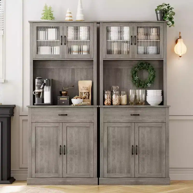 GustoWave 71'' Kitchen Pantry Storage Cabinet with Glass Doors and Microwave Stand, Freestanding Tall Kitchen Cabinet for Dining Room
