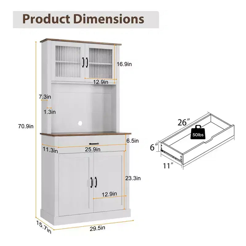 GustoWave 71'' Kitchen Pantry Storage Cabinet with Glass Doors and Microwave Stand, Freestanding Tall Kitchen Cabinet for Dining Room