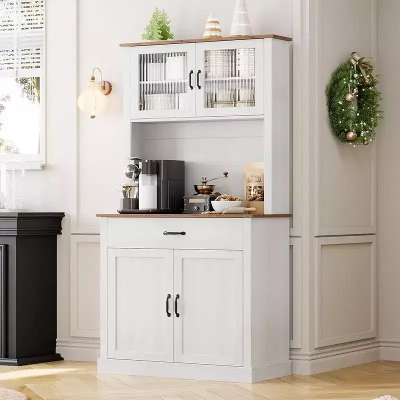 GustoWave 71'' Kitchen Pantry Storage Cabinet with Glass Doors and Microwave Stand, Freestanding Tall Kitchen Cabinet for Dining Room