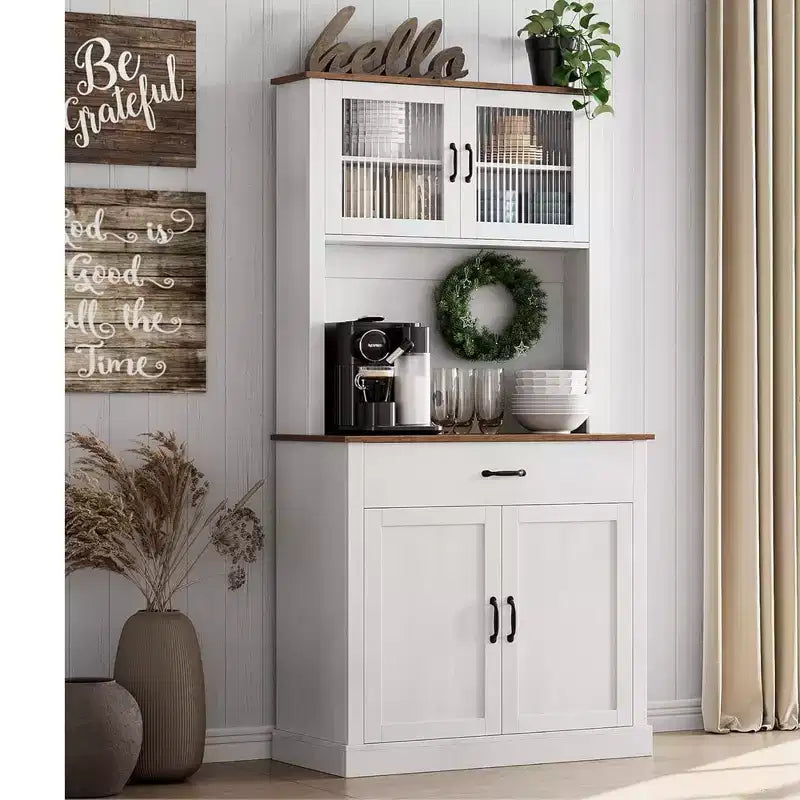 GustoWave 71'' Kitchen Pantry Storage Cabinet with Glass Doors and Microwave Stand, Freestanding Tall Kitchen Cabinet for Dining Room