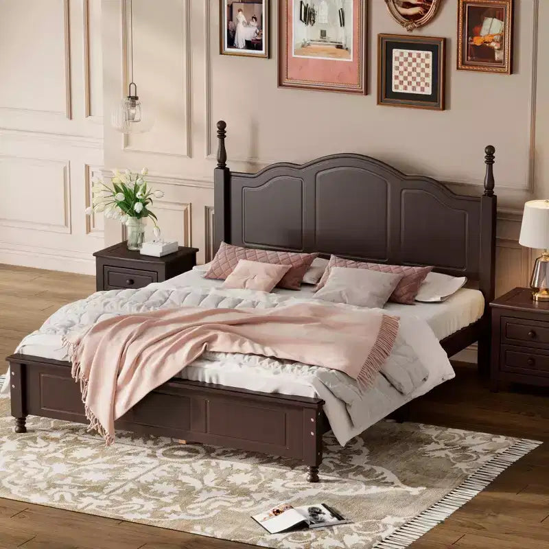 Retro Platform Bed Frame Wood Platform Bed with Headboard for Bedroom