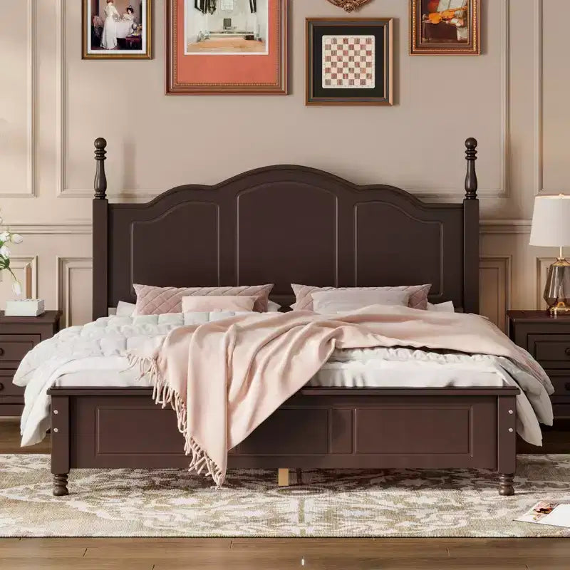 Retro Platform Bed Frame Wood Platform Bed with Headboard for Bedroom