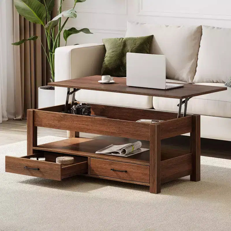 Greenstell Vintage Solid Wood Gas Pressure Lift Coffee Table with Drawers and Hidden Compartments for Storage