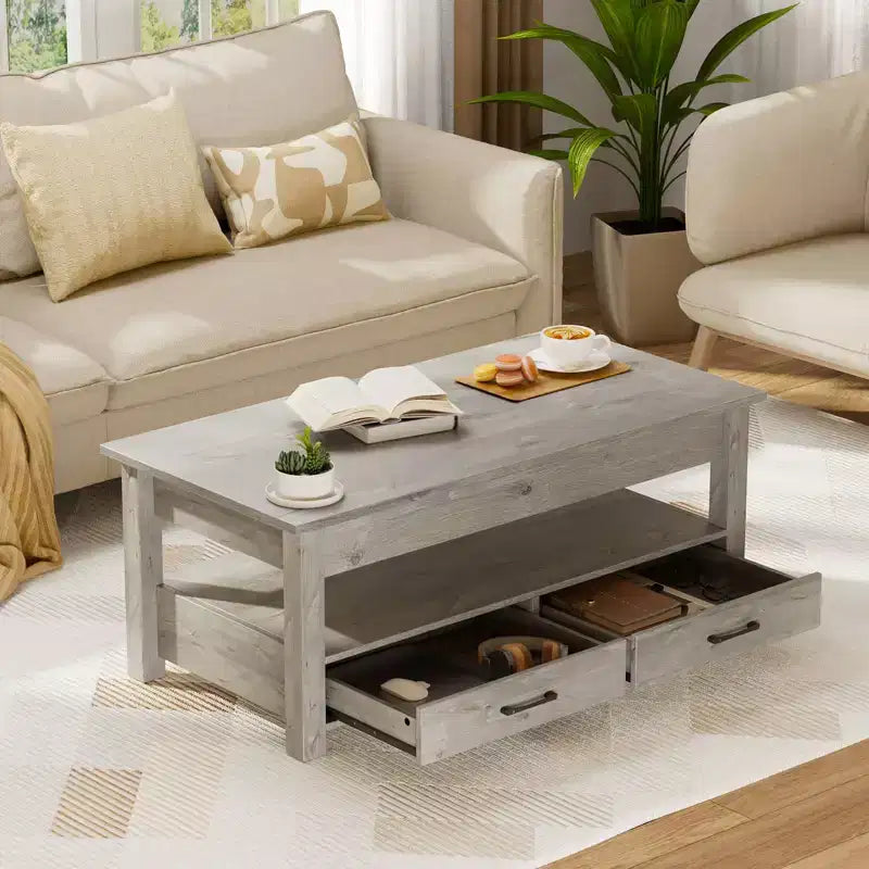 Greenstell Vintage Solid Wood Gas Pressure Lift Coffee Table with Drawers and Hidden Compartments for Storage