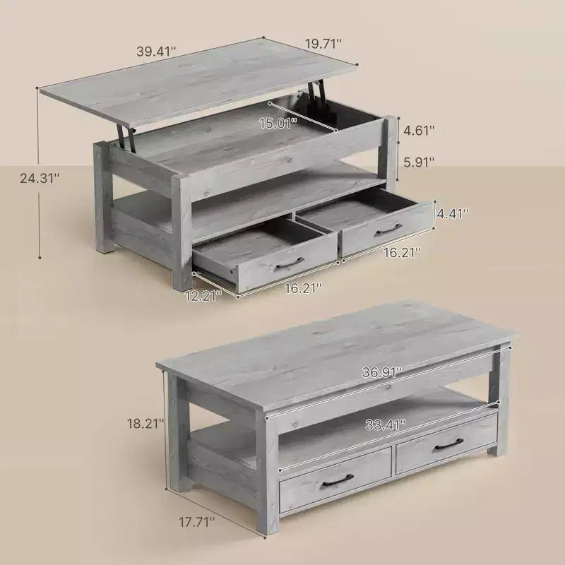 Greenstell Vintage Solid Wood Gas Pressure Lift Coffee Table with Drawers and Hidden Compartments for Storage